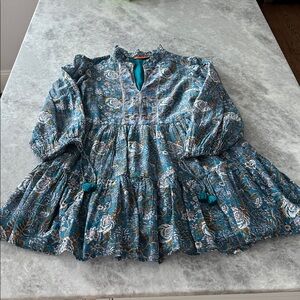 Oliphant Short Dress, Blue Paisley, Size M, Lined, Tassels